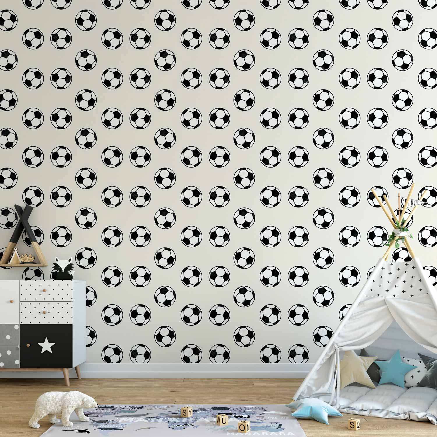 Behang - Soccer - Symmetrical black-and-white soccer balls on a beige background.