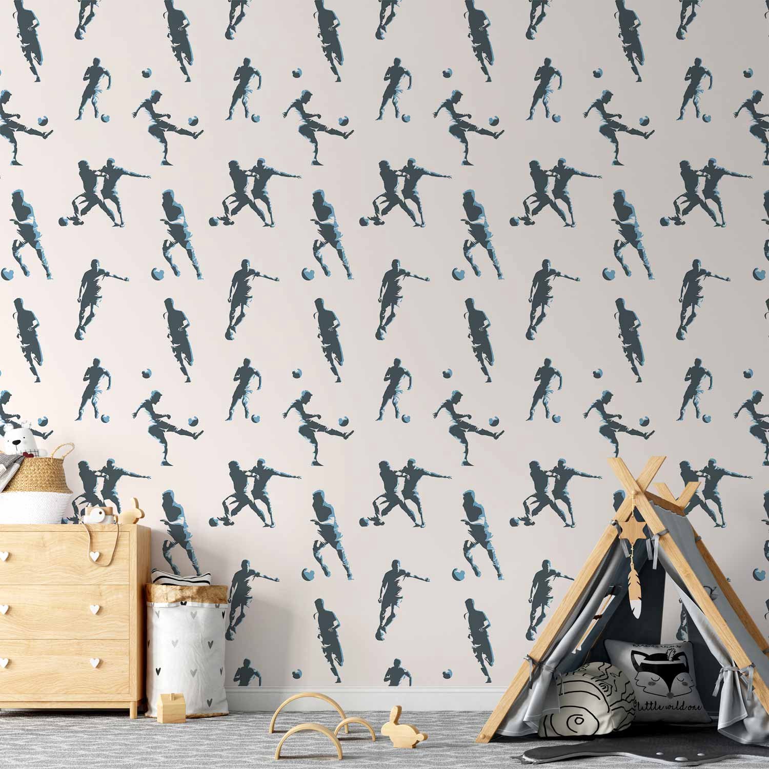 Behang - Football Characters - Action and movement in silhouettes on a light background.