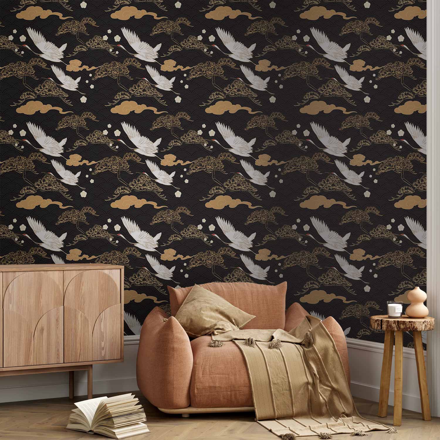 Behang - Oriental impressions - decorative pattern with a motif of flying cranes on a dark background