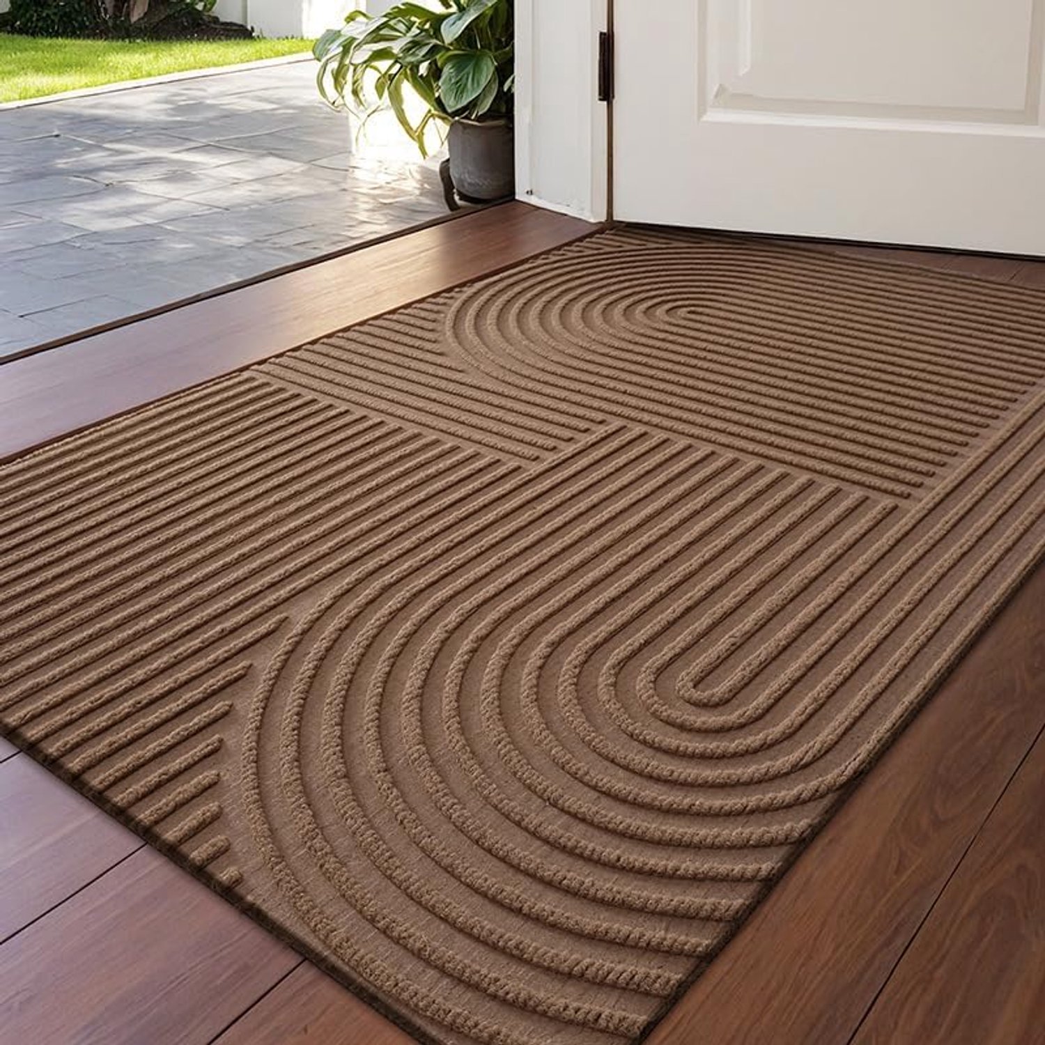 Deurmat voor binnen buiten - Vuilvangmat voor voordeur entree - Antislip mat voor hal - Wasbare mat met groeven - Polyester bovenkant rubber onderzijde - Geometrisch lijnen en bogen - Beige - 45 x 75 cm