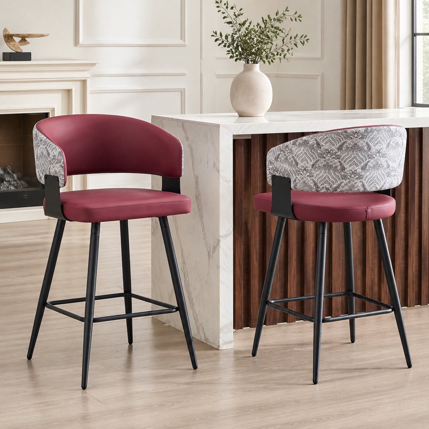 WUVRIE Set van 2 eetkamerstoelen - Kunstleren zitting met armleuningen - Rood