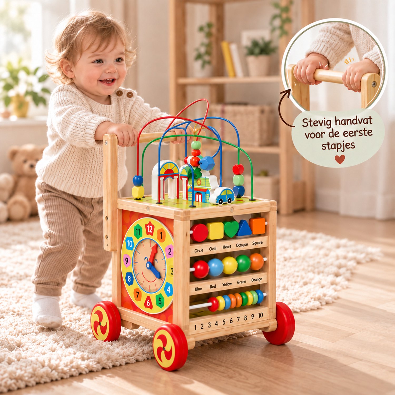 Rijoka Loopwagen Kubus Hout - Baby walker voor 1 jaar - Educatieve looptrainer - Multicolor – foto 3