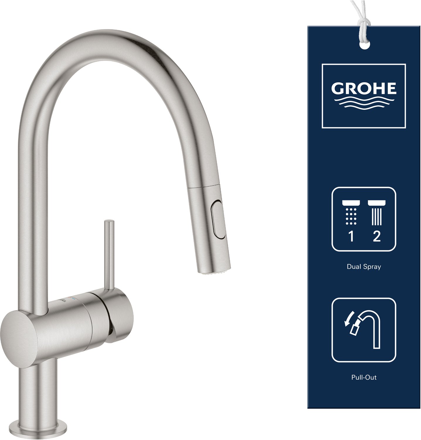 GROHE Minta Keukenkraan - hoge draaibare C-uitloop - met uittrekbare handdouche - 2 straalstanden - RVS (supersteel) - 32321DC2