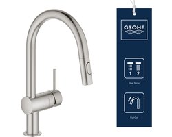 GROHE Minta Keukenkraan - hoge draaibare C-uitloop - met uittrekbare handdouche - 2 straalstanden - RVS (supersteel) - 32321DC2