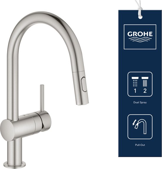 GROHE keukenkraan met uittrekbare sproeikop, dual spray en pull-out functie.