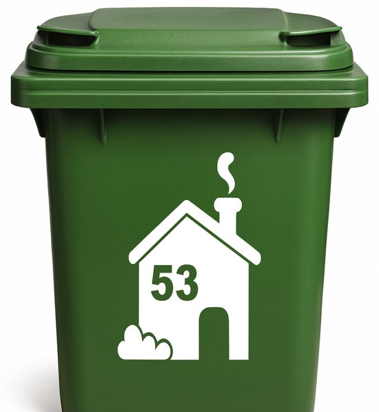 Groene kliko met witte sticker van een huis met huisnummer 53.