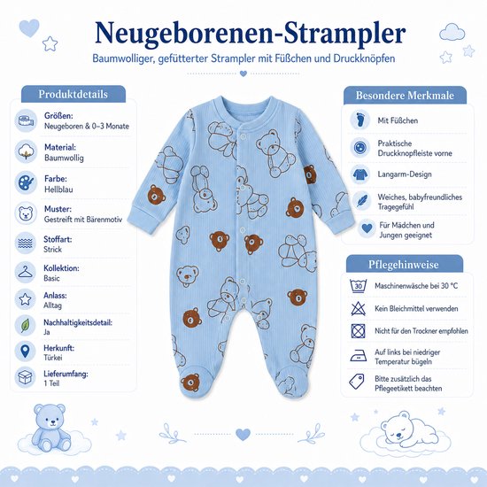 Jungengel Baby Boxpakje met Voetjes Lichtblauw - Beertje Motief 100% Katoen - Rompertje Lange Mouwen met Drukknoopjes - Newborn 0-3 Maanden Maat 56 - Unisex Eerste Babykleding - Kraamcadeau Geboorte Babyshower — afbeelding 2