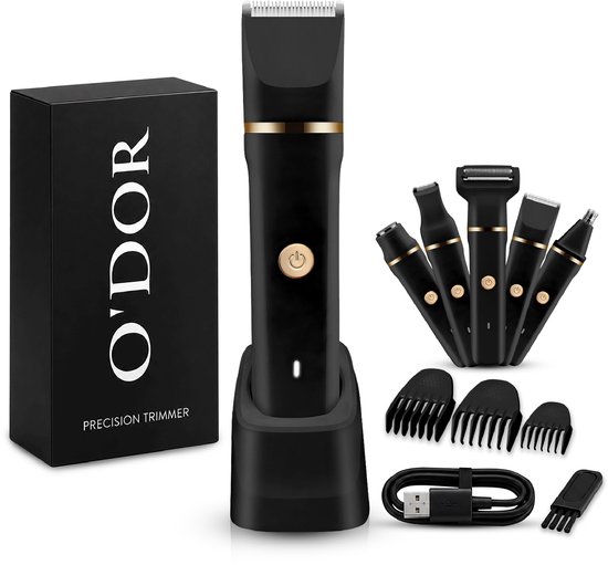 Complete set met O'dor precisietrimmer, opzetstukken, oplaadstation, USB-kabel en reinigingsborstel in zwarte doos.
