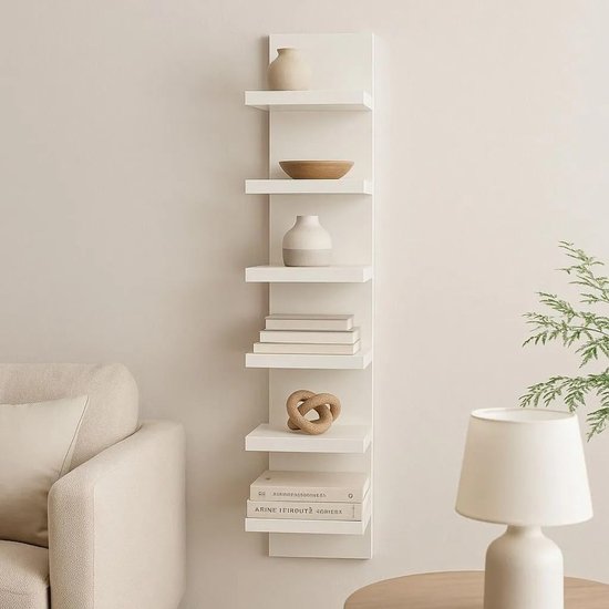 Wandplank, hout, zwevend rek, 5 planken, boekenkast 57 x 17 x 5 cm , muur voor woonkamer, slaapkamer, kantoor, wit