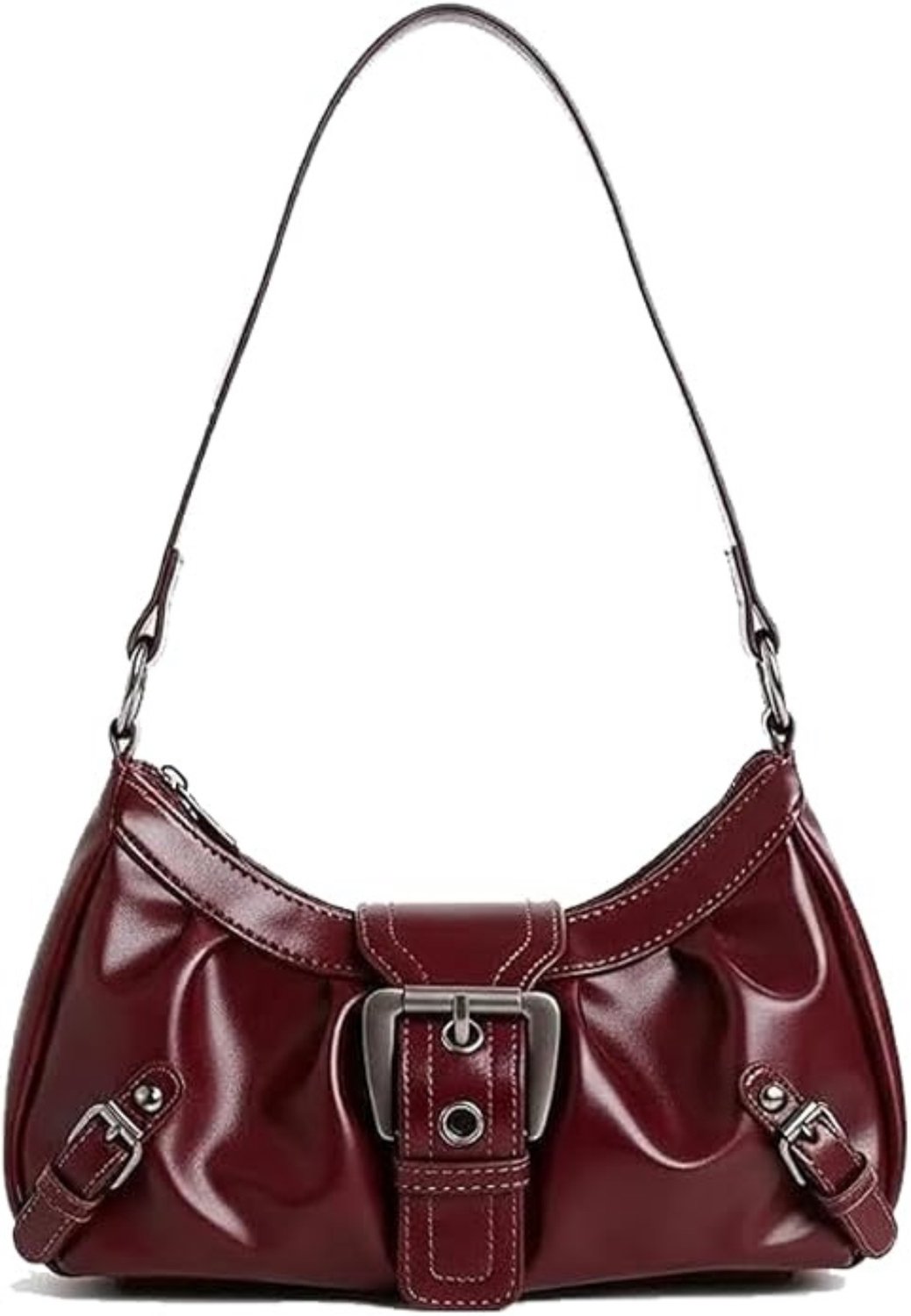 Schoudertas dames - Kleine Y2K handtas - Vintage okseltas met rits - PU leer met gesp - Voor dagelijks gebruik - Met korte schouderband - Retro model - Met polyester voering - Rood - 26 x 16 x 8 cm