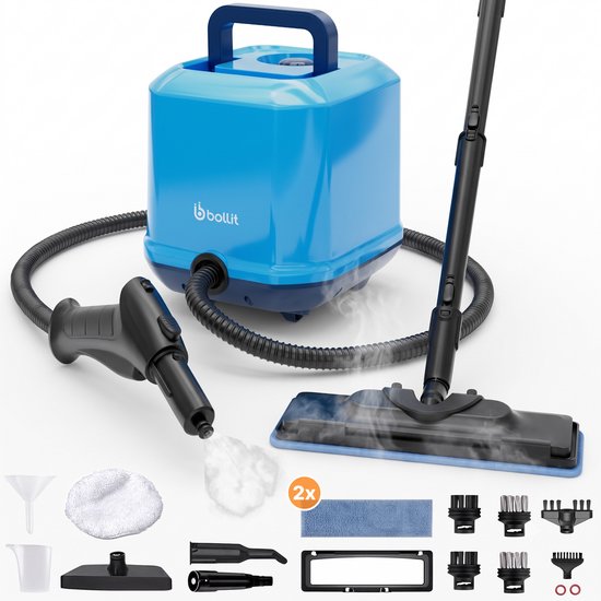 Blauwe Bollit stoomreiniger met accessoires, inclusief stoompistool, vloerwisser met stoom en diverse opzetstukken.