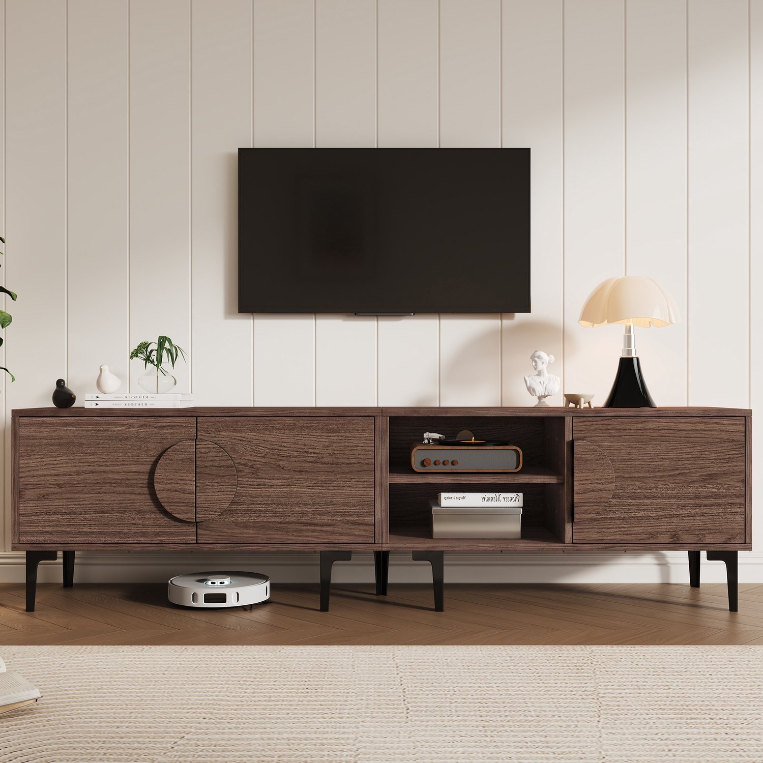 TV-meubel 180 cm met 3 deuren- 2 open vakken en 7 poten voor tv van circa 80 inch - Donker walnootkleurig