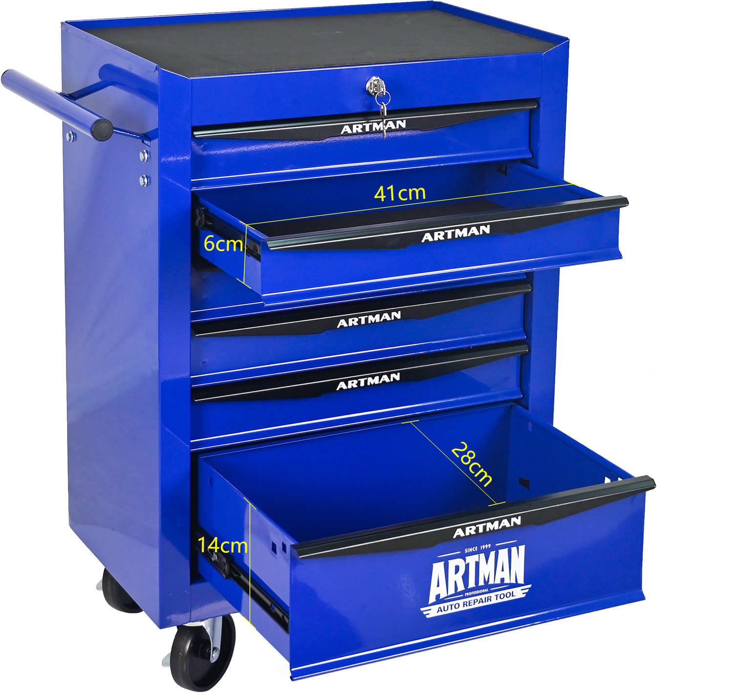 Gereedschapswagen Met 6 Laden - Afsluitbaar Met 4 Zwenkwielen En Handgreep - Stalen Werkplaatswagen Met Poedercoating - Zwart-Blauw