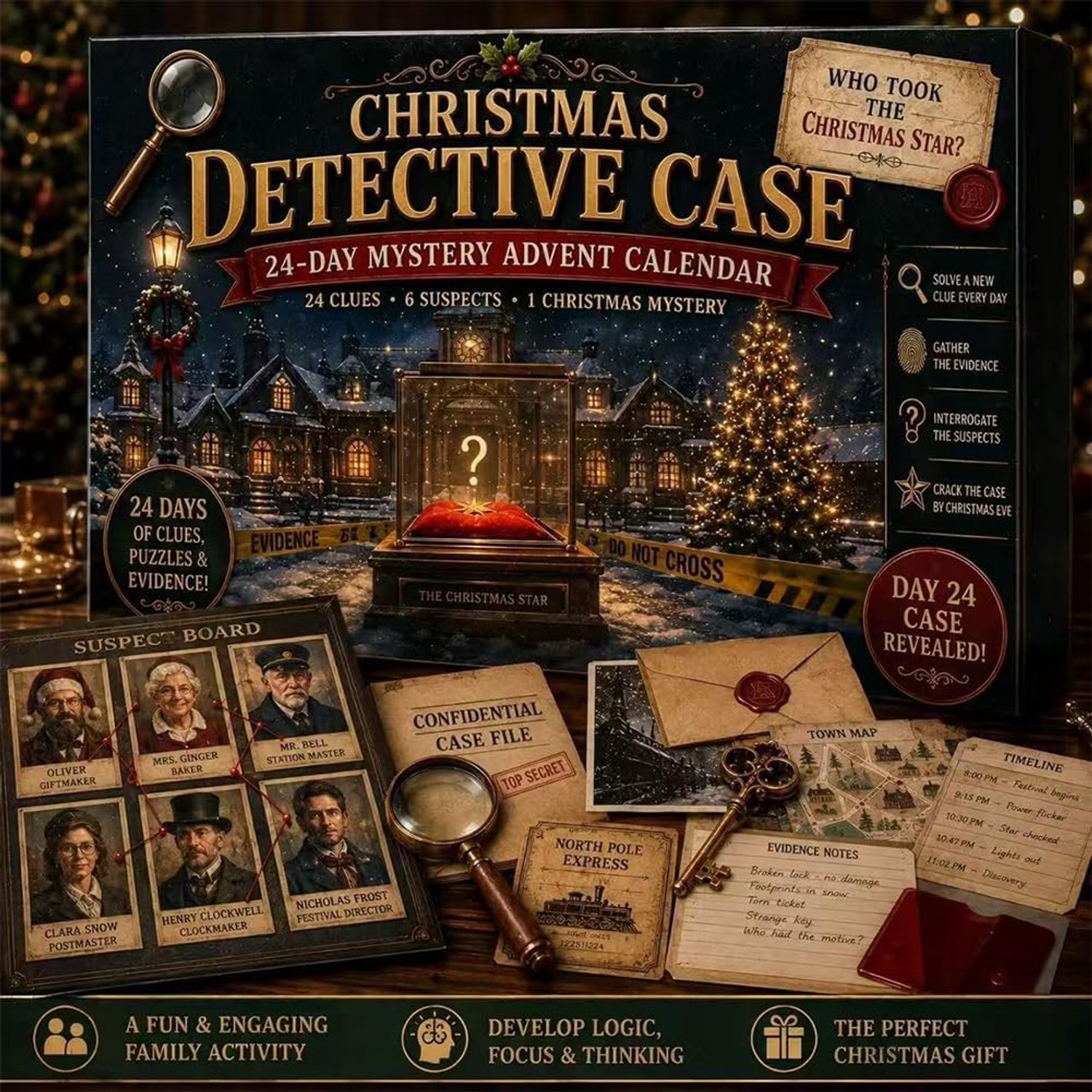 Mysterie Adventskalender 2026 - 24 Dagen Escape-room Puzzels - 6 Verhaalthema's - Dagelijkse Verrassing - Uniek Aftelavontuur - Perfect voor Volwassenen & Kinderen - Complete Set - Spannend & Uitdagend - Zumolir® – foto 6