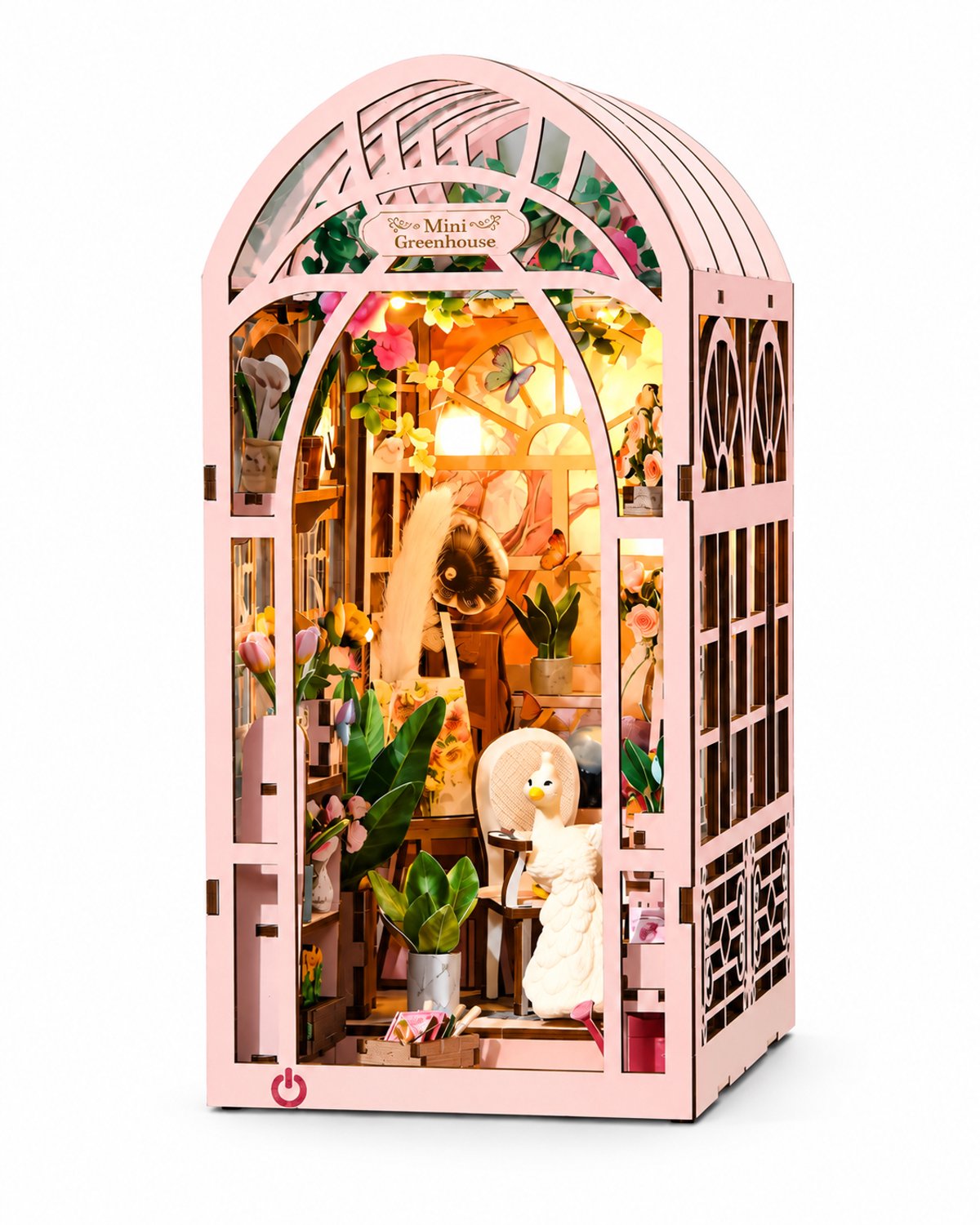 THAR Book Nook Mini Greenhouse – Verlichte Miniatuurkas van Hout – DIY Bouwpakket Miniatuurhuisje voor Boekenkast – 198 Onderdelen