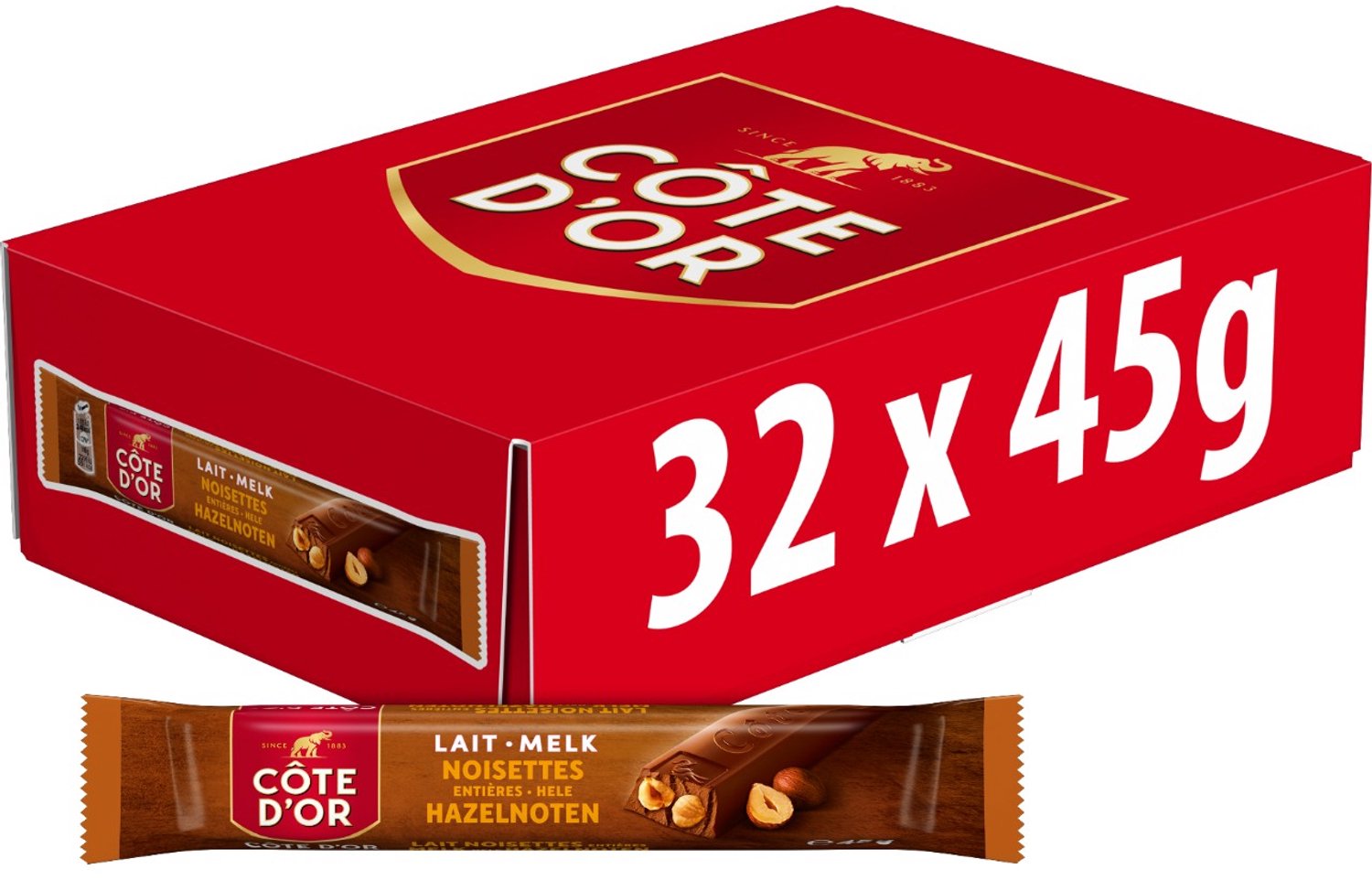 Côte d'Or Chocolade Reep Melk Hele Hazelnoten Doos 32 x 45g Repen - Chocoladerepen en Tabletten - Chocoladebar - Chocolade om uit te delen - Voorraad - Cadeau