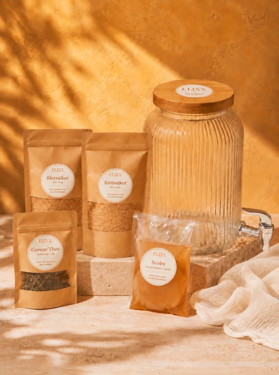 Elixx kombucha startset met glazen pot, zakjes rietsuiker, groene thee en een scoby in vloeistof op stenen voetstuk.