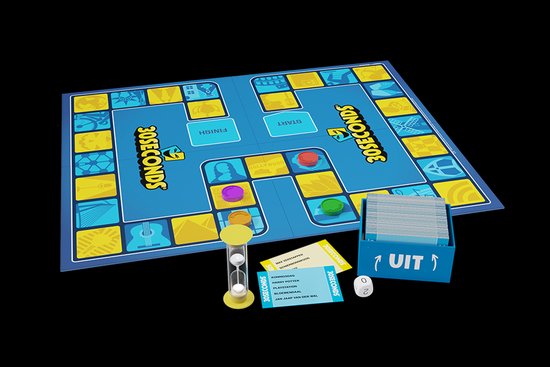30 Seconds spelbord met gekleurde vakjes, kaartenhouder, zandloper, dobbelsteen en speelkaarten.