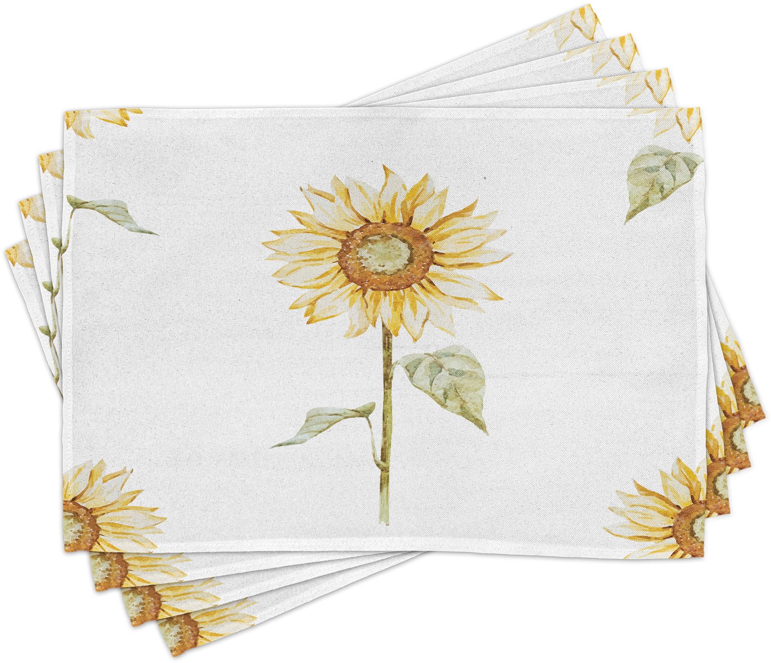 ABAKUHAUS Zonnebloem Placemats Set van 4, Zonnebloemen Aquarel Schilderij Effect en in Minimalistisch Ontwerp Kunst, Wasbare Stoffen Placemats voor de Eettafel, Standaardformaat, Geel Groen
