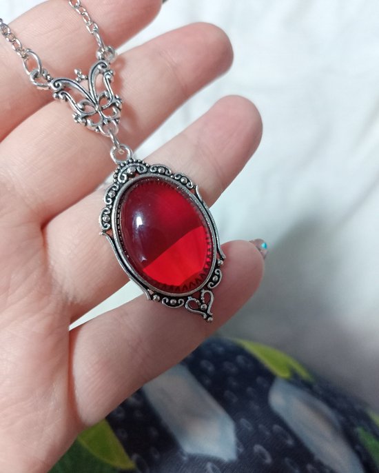 Close-up van hand die een zilverkleurige ketting met een gladde rode ovale hanger vasthoudt.