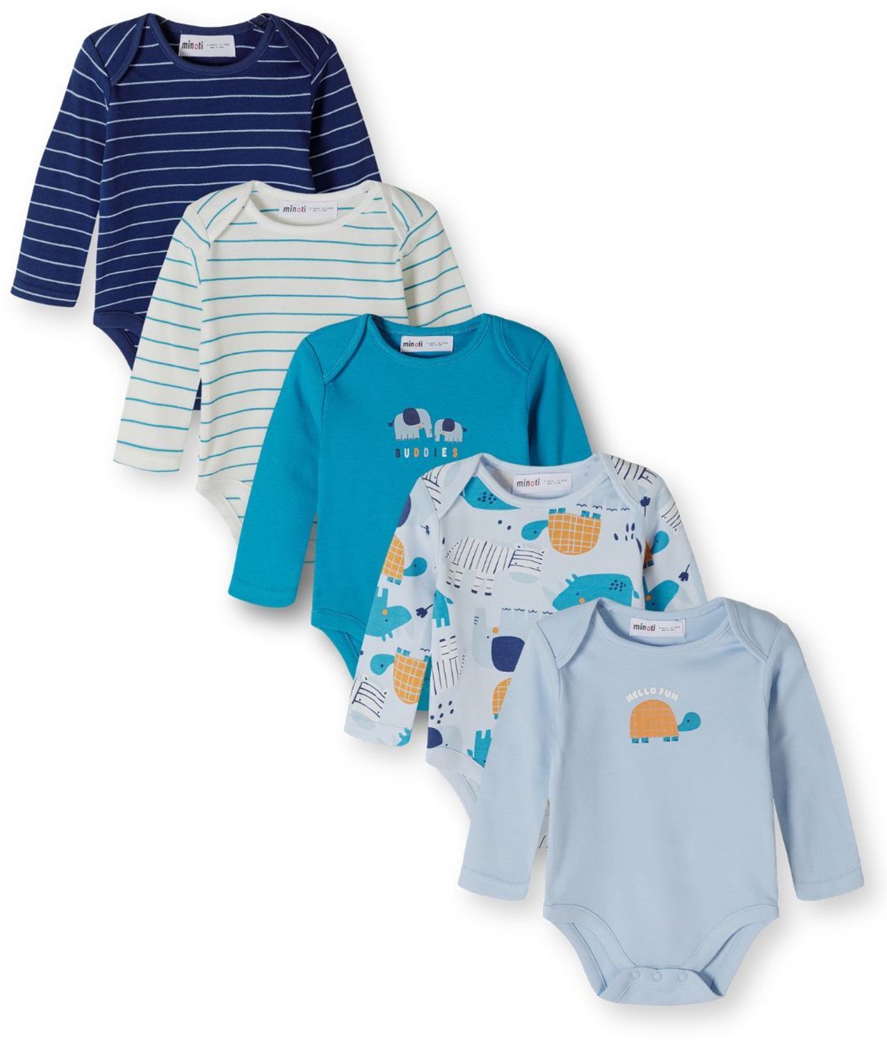 Minoti rompertjes lange mouw – olifanten en schildpad – 5-pack – blauw en crème
