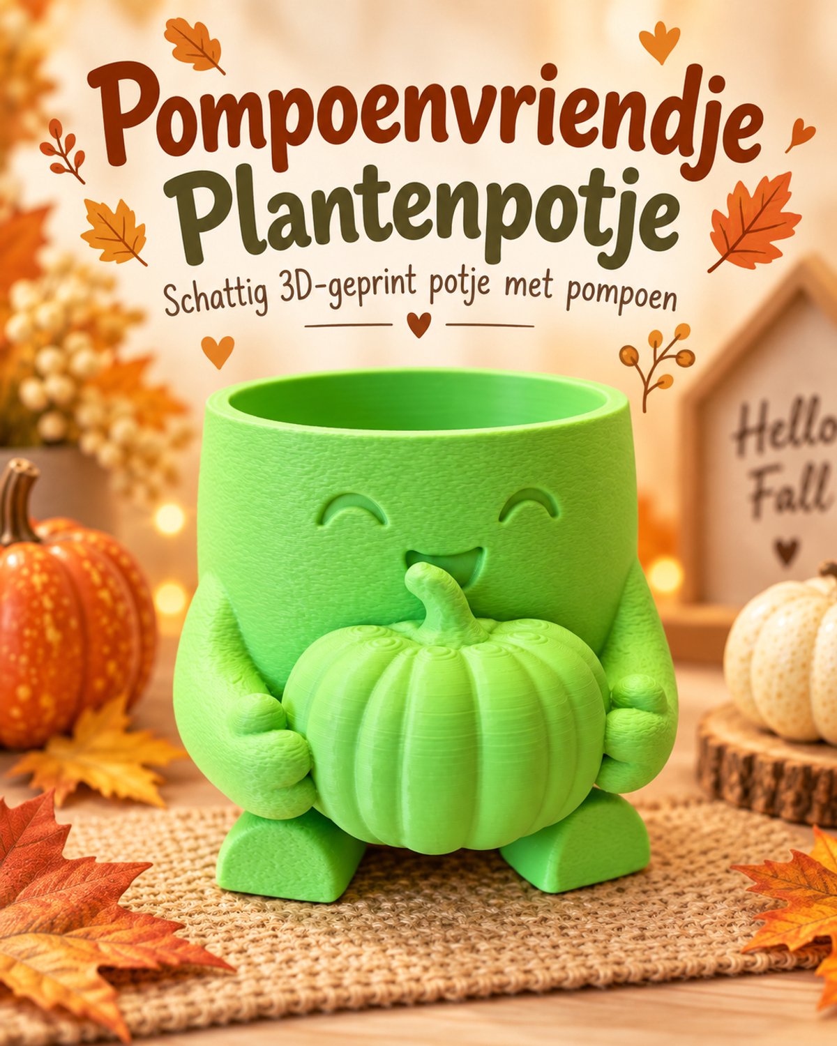 Pompoenvriendje Plantenpotje groen – 3D Geprint Herfstpotje