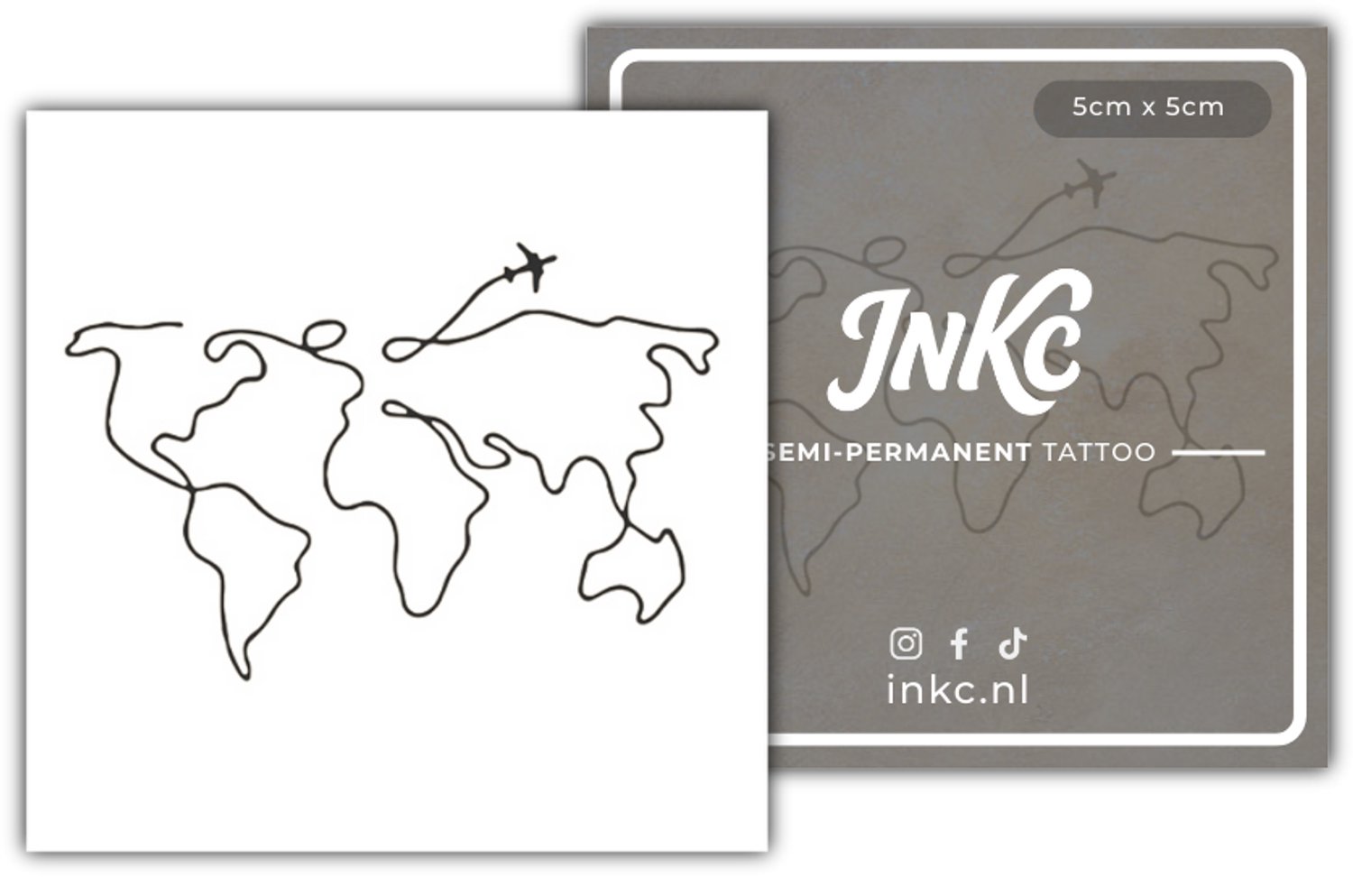 INKC - Tijdelijke Tattoo - Wereldkaart - Nep Tattoo - Plak Tattoos - Blijft tot 2 weken - 5 x 5cm