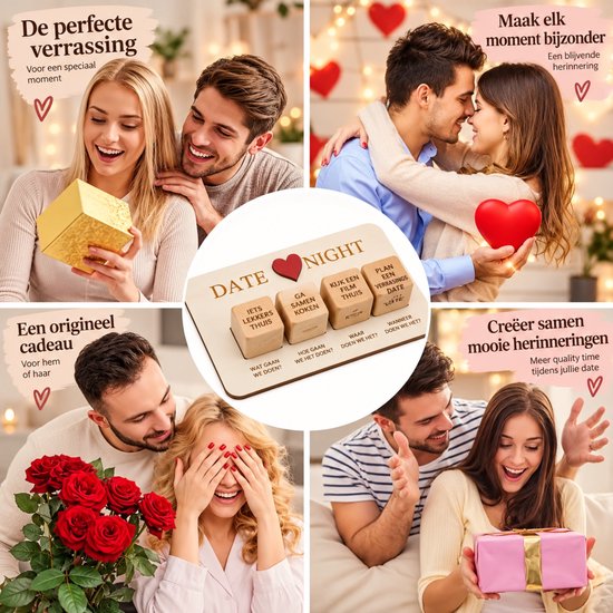 Collage van koppels met het Date Night spel, bloemen en cadeaus in een romantische sfeer.
