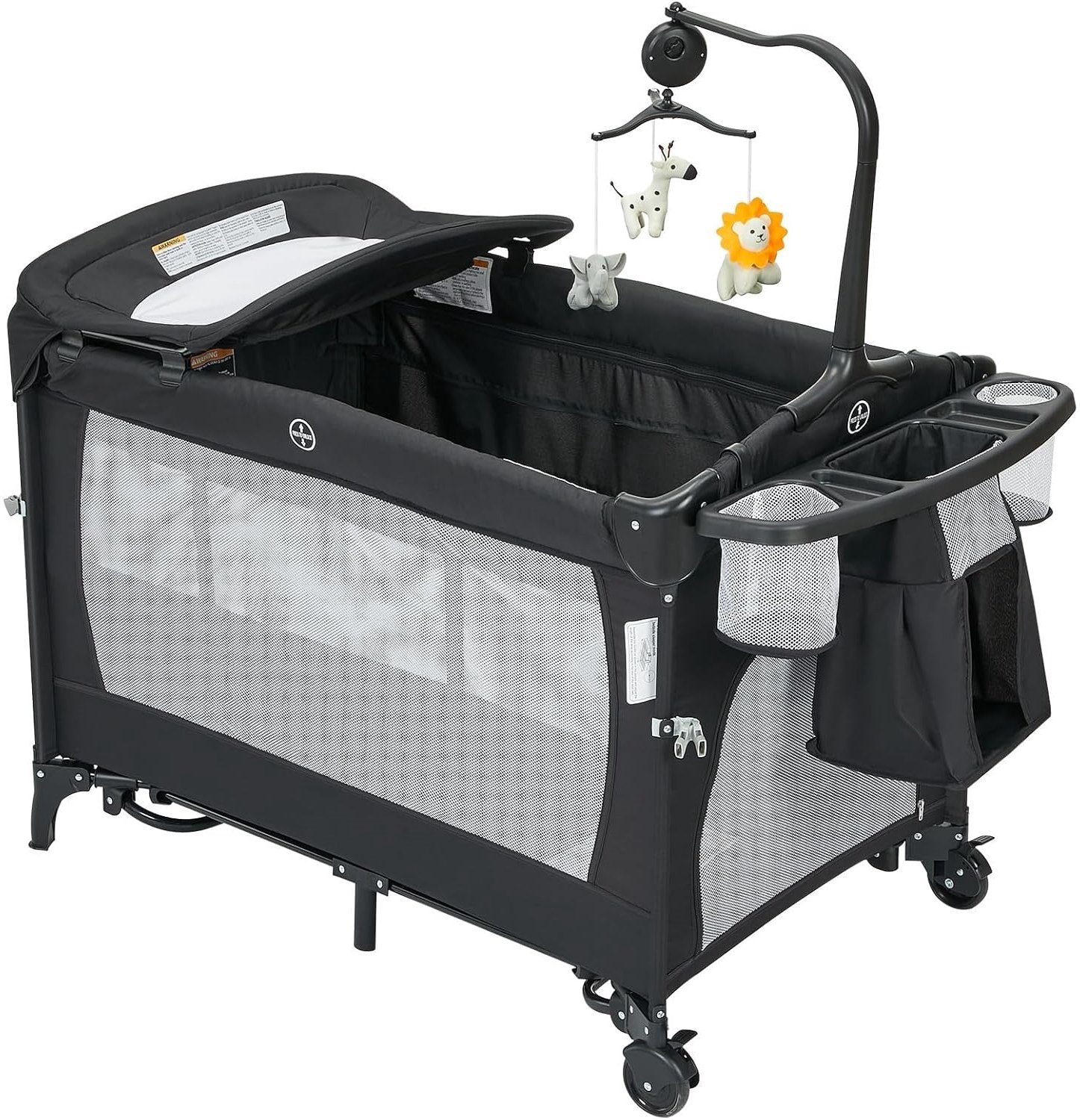 Babybed 4-in-1 - Zwart - Met Verschoningskussen - Reisbed - Opbergzak en Speelgoedhanger - Babywieg