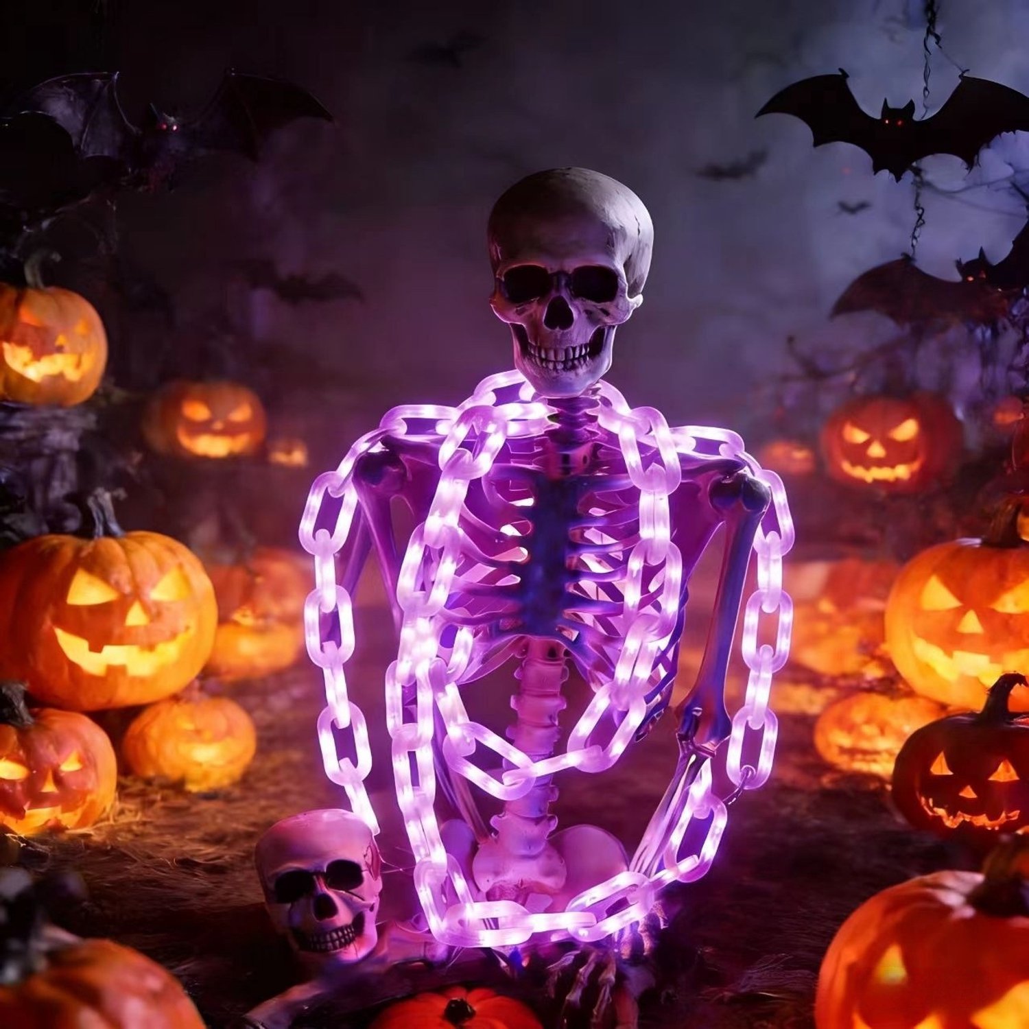 YAGXIG Halloween Lichtslinger Decoratie - Gloeiende kettinglichten - 3 meter lang - Spookachtige buitendecoratie voor binnen - Ideaal voor skelethonden, tuinskeletten, grafstenen - Heeft 8 verlichtingsmodi - 160 paarse LED-verlichting