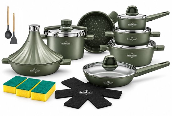 Swiss Haus® GPC3020G Pannenset Inductie - 20 Delige Pannensets - PFAS Vrij - Incl. Koekenpan, Kookpotten, Steelpan, Snelkookpan, Stoommand & Tajine - Geschikt Voor Alle Warmtebronnen - Complete Kookset met Keramische Antiaanbaklaag - Groen
