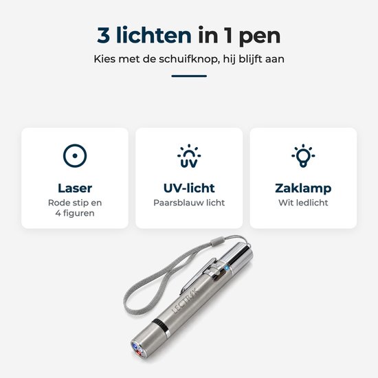 Zilverkleurige LECTRIK laserpen met schuifknop voor drie lichtfuncties: rode laserpatronen, UV-licht en witte zaklamp.