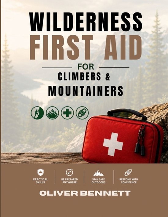 Boekomslag 'Wilderness First Aid' met een rode EHBO-tas in een berglandschap op de achtergrond.