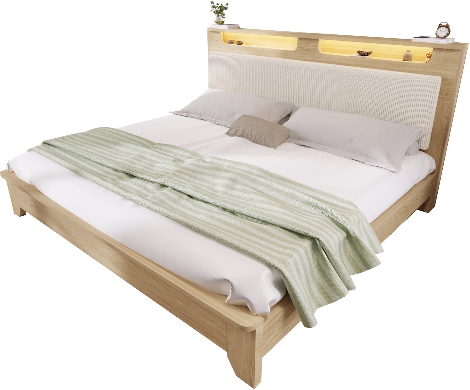Tweepersoonsbed 160x200 cm Met Matras - Hoofdbord Met Opbergplank En Ledverlichting - Houten Lattenbodem - Eikenkleurig Frame Met Beige Ribstof