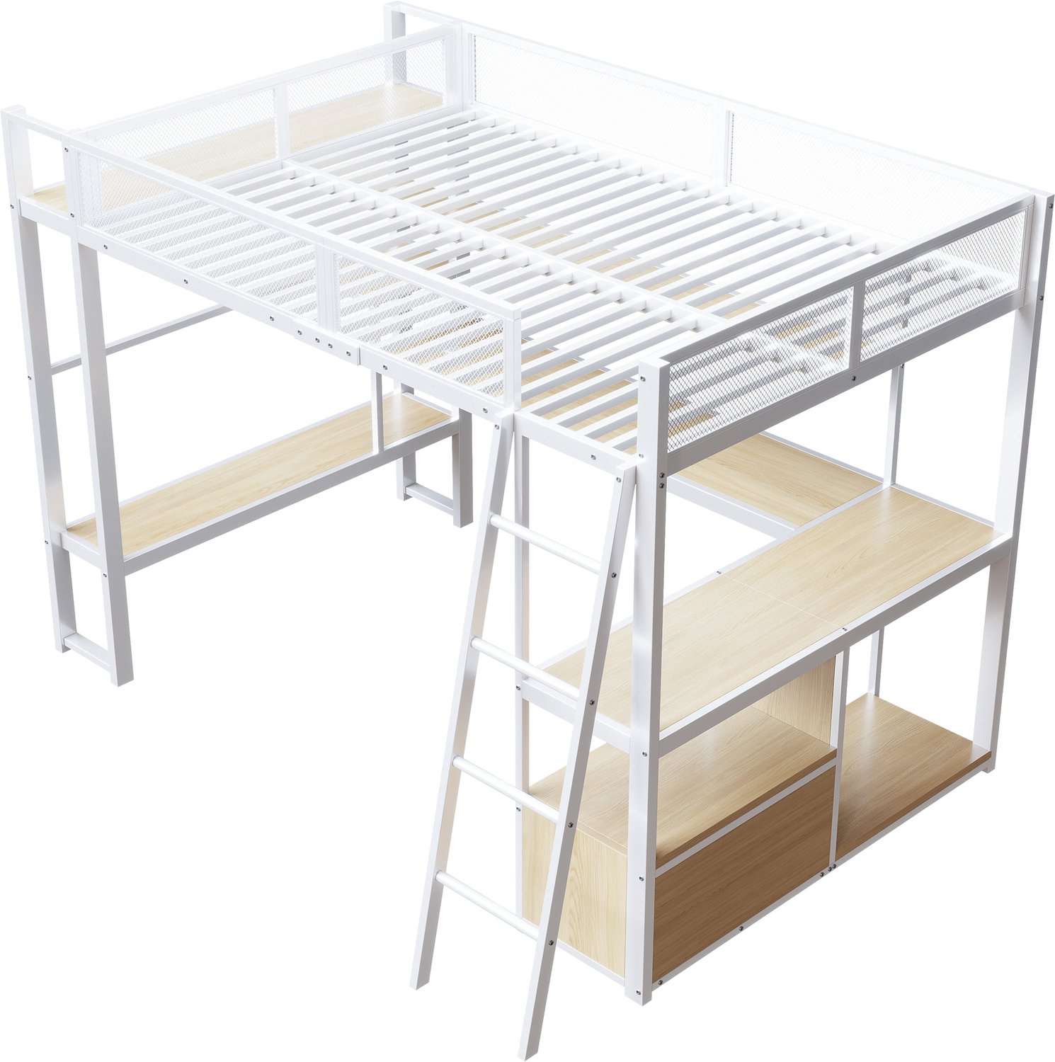 MUVANO Metalen gaming hoogslaper 140x200 - witte hoogslaper met geïntegreerd bureau - ledverlichting - opbergruimte voor kleine kamer