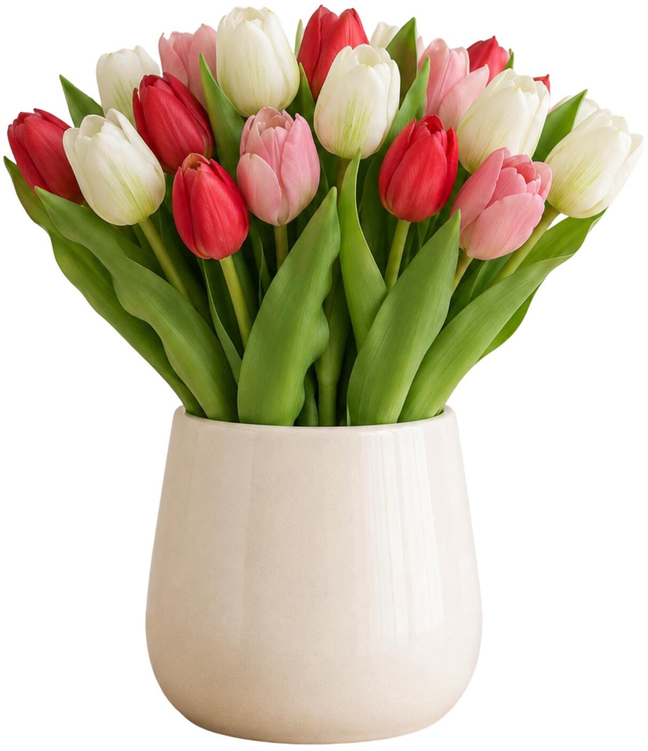 Bellatio Design Kunst tulpen boeket Vermeer - 14x stuks - roze/creme - real touch - 31 cm