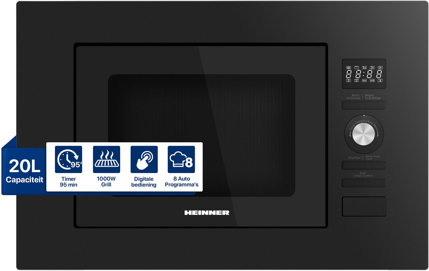Heinner Inbouw Magnetron – 20 L – 800 W – 1000 W Grill – 5 Vermogensniveaus – Ontdooifunctie – LED-display – 95 Min Maximale Kooktijd – Zwart