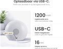 USB-C oplaadbare slaaptrainer met 1200 mAh accu, kabel meegeleverd en display dat uitgaat op accu.