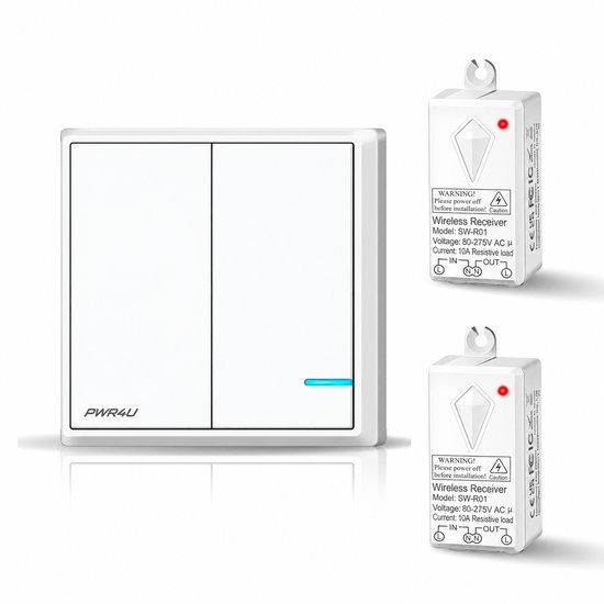 Witte PWR4U dubbele wandschakelaar naast twee draadloze ontvangers model SW-R01 met waarschuwingslabels.
