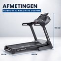 Focus Fitness Jet 9 iPlus loopband in uitgevouwen stand met afmetingen van 190 cm lang, 92 cm breed en 150 cm hoog.