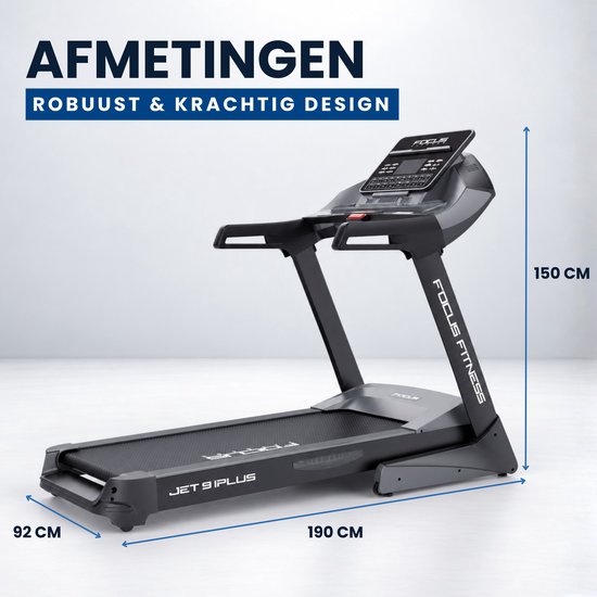 Focus Fitness Jet 9 iPlus loopband in uitgevouwen stand met afmetingen van 190 cm lang, 92 cm breed en 150 cm hoog.