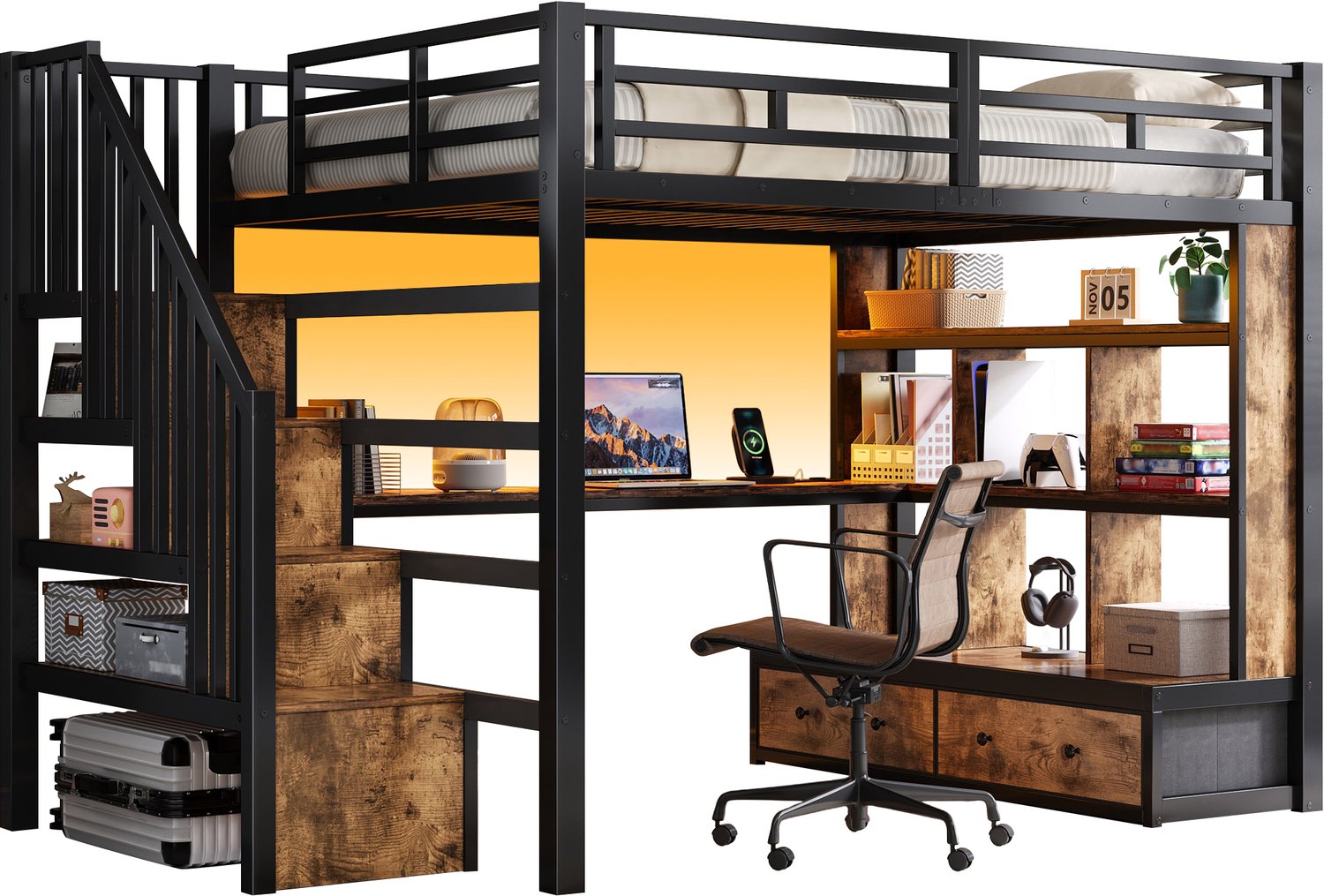 MUVANO Metalen hoogslaper 140x200 - geïntegreerd bureau - boekenkast - trap met opbergruimte - twee lades - 255 x 148 x 170 cm - LED - zwart