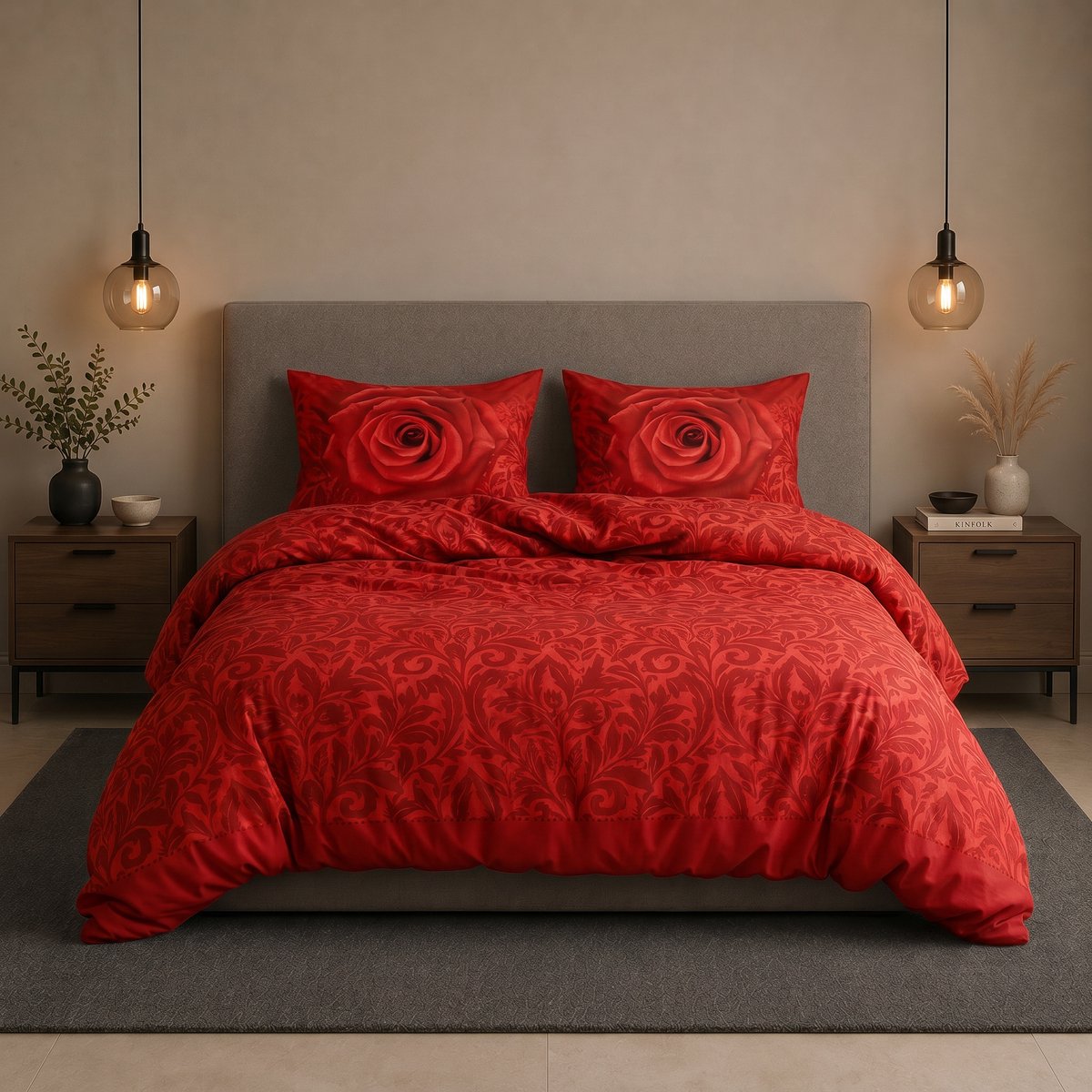 SENZATIONE 100% Katoen Percaline Dekbedovertrek 200x240-2x60x70 cm DAMASK ROSE ROOD