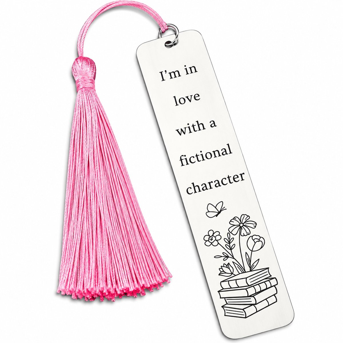 Nina’s Giftshop® Boekenlegger Metaal – “I’m in Love with a Fictional Character” – Roze Kwastje – Bladwijzer – Cadeau voor Boekenliefhebber – Cadeau voor Vrouw – Valentijn