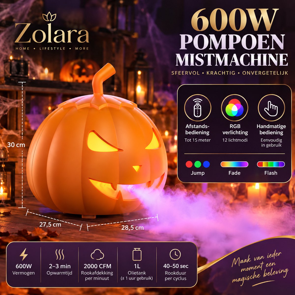 Zolara Pompoen Rook Mistmachine 600W - Halloween Rookmachine met RGB LED-verlichting - Partyset - Draadloze Afstandsbediening - 12 Lichtmodi - LED lamp - Halloween versiering - Oktober