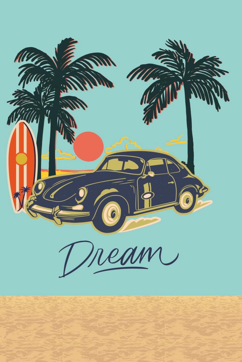 6x9 Classic Car sunset surf journal aqua beach blank pages - ShopVlot