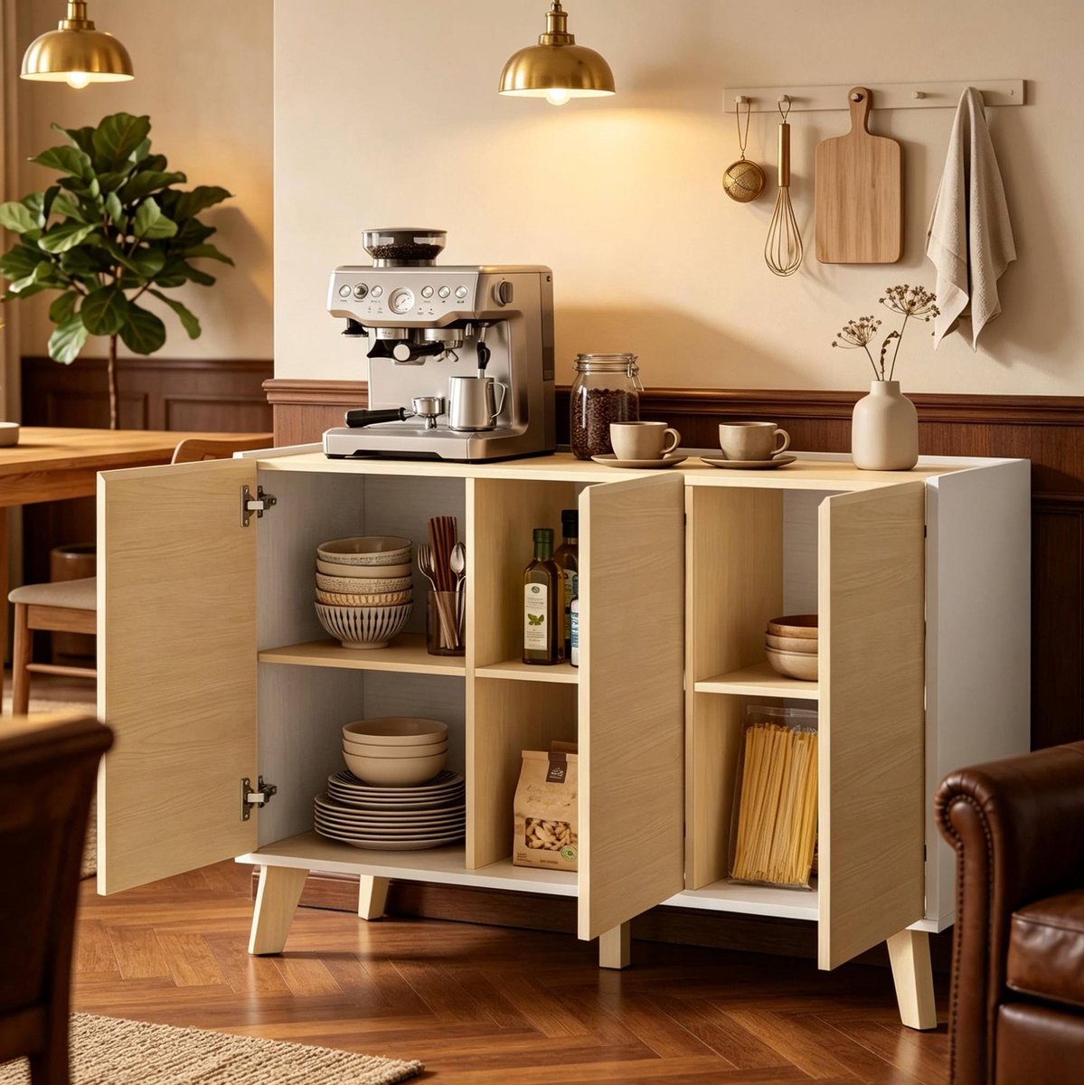 HAUSS SPOLE Buffetkast - Scandinavisch Design Met 3 Deuren En 6 Vakken - Voor Woonkamer En Keuken - MDF En Spaanplaat - 120x35x73,5 Cm - Naturel Wit Naturaal