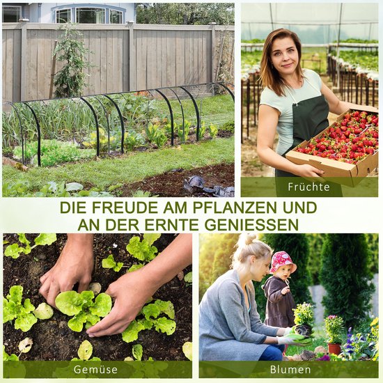 Kas met stalen frame en transparante hoes in een tuin. Collage toont genot van planten en oogsten: groenten, fruit en bloemen.