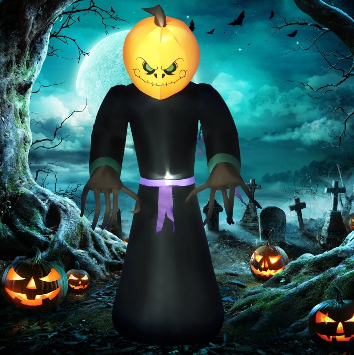 REDOM - Opblaasbare Halloweenfiguur - Pompoengeest - Geïntegreerde LED-verlichting - Zelfopblazend - Polyester - Zwart en oranje - 110 x 66 x 210 cm