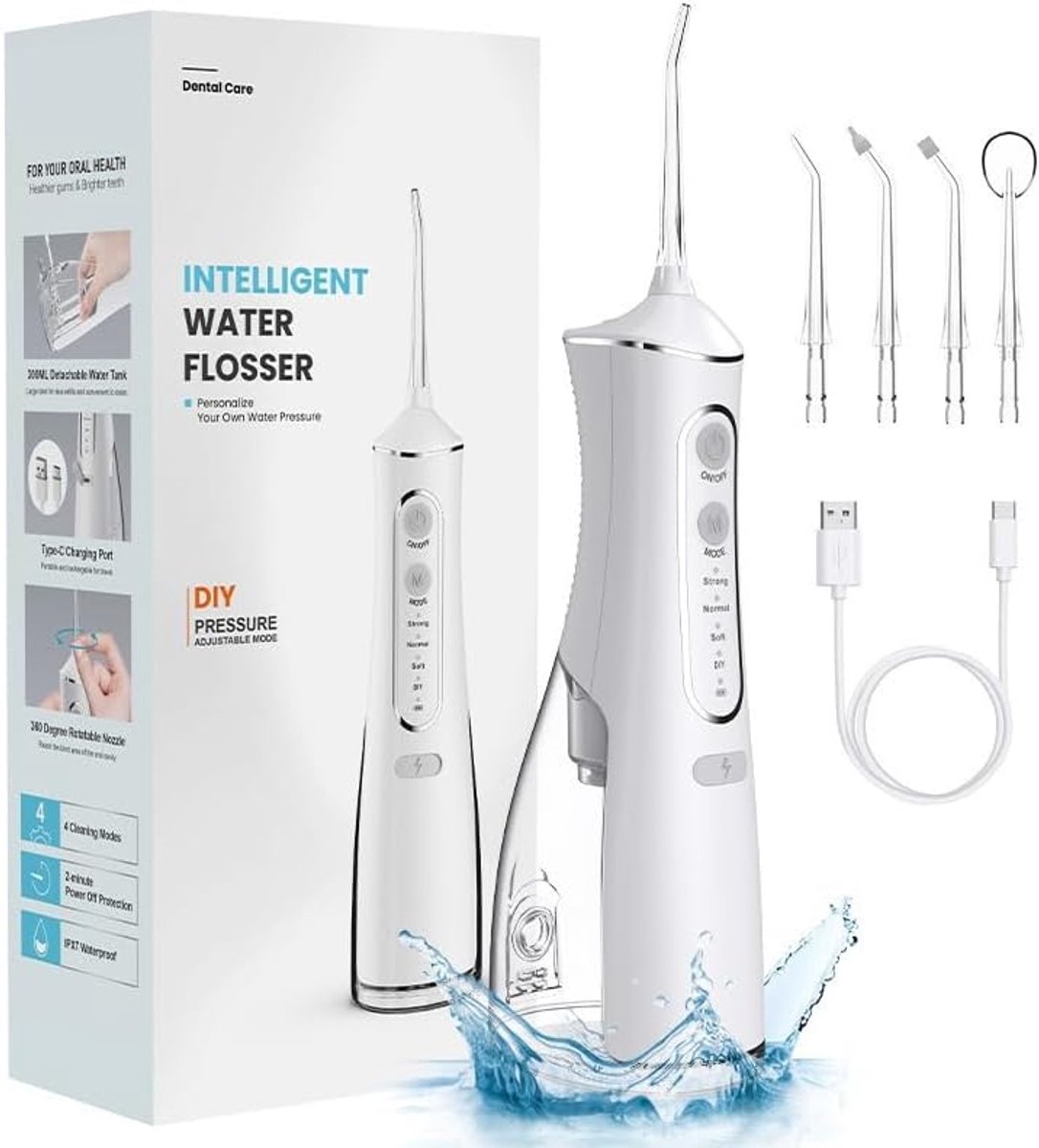 Nieuwe elektrische tandflosser - draagbare oplaadbare tandflosser - 300 ml oplaadbare reisreiniger - IPX7 waterdichte elektrische tandflosser - 4 snelheidsstanden - flosdraadreiniger (parelwit)